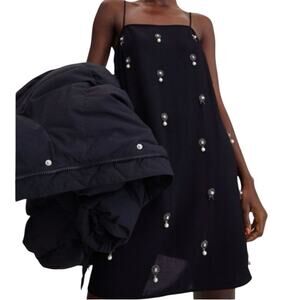 H&M Appliquéd Holiday Party Slip Dress Pearl Rhinestones Embellished Black Sz S